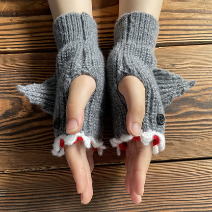1pair Funny Handmade Shark Gloves - Wool Winter Warm Half-finger Gloves for Christmas Gifts for stocking stuffers Good Vibrations