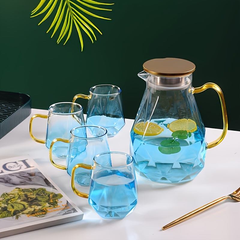 Set, Geometric Glass Pitcher And Glass Cups, 1800ml/60.87oz Drink Pitcher And 4pcs 350ml/11.84oz Water Cups, Heat Resistant Tea Set, Home Decor, Room Decor, Gifts Good Vibrations