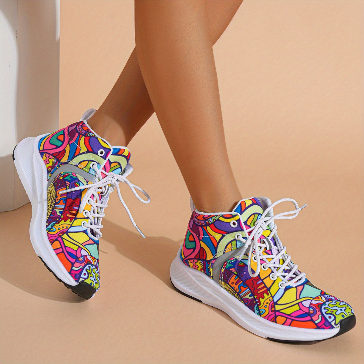 [Reflective Sneakers] Lightweight, Reflective Women's Hand-Painted Cartoon Print High-Top Sneakers | Lace-Up Casual Shoes with Soft Fabric Upper & EVA/Rubber Sole for North American & Mexican Fashion - Winter-Ready Good Vibrations