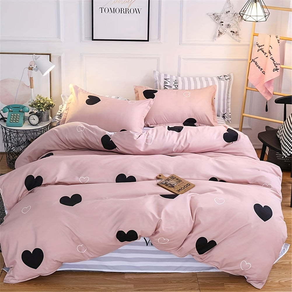 Blush Pink Love Heart Print Duvet Cover Queen Black And Dusty Rose Bedding Set 3 Pieces, Reversible Blue White Striped Microfiber Comforter Cover For Women Good Vibrations