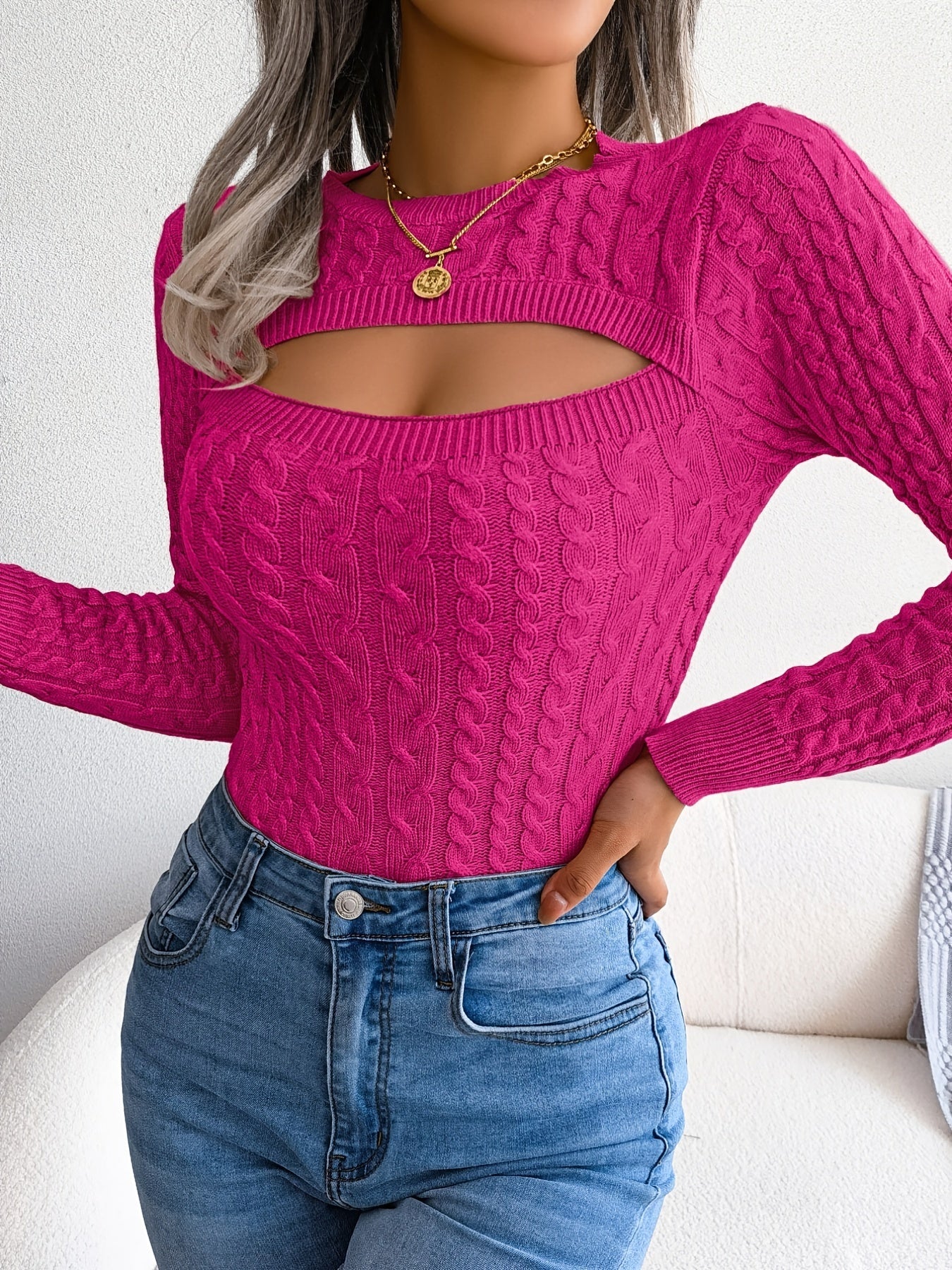 Long Sleeve High Stretch Acrylic Blend Women's Sexy Hollow-Out Knit Pullover Sweater, Skinny Fit, Solid Color, Spring/Fall Fashion Top, Crew Neck, Polyester 28%, Polyamide 22%, Viscose 28% Good Vibrations