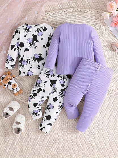 2 Sets Toddler & Infant Girl's Cartoon Cow Pattern Long Sleeve T-shirt + Casual Pants Clothing Set for Outdoor Good Vibrations