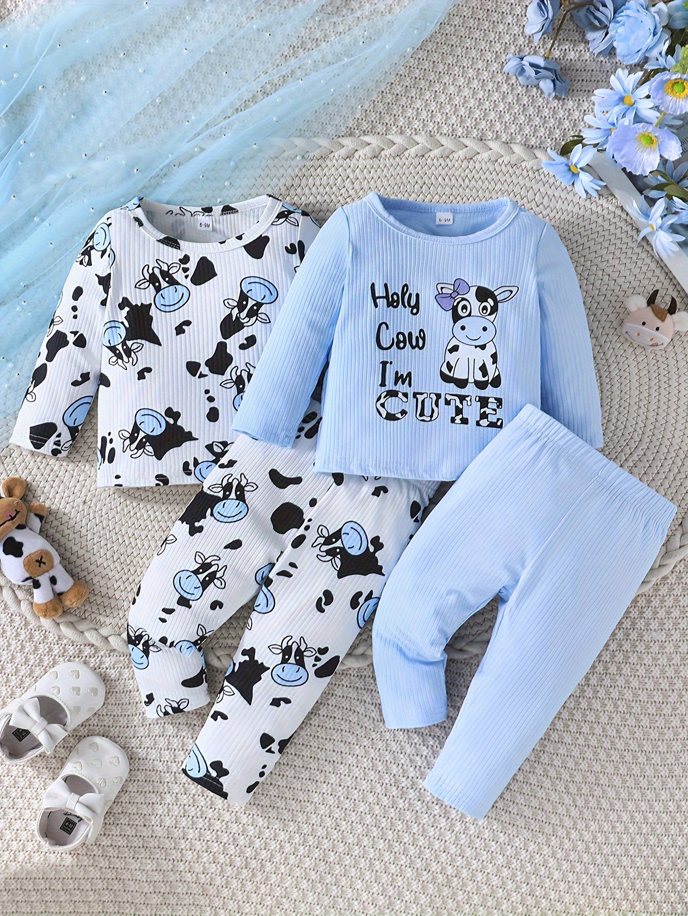 2 Sets Toddler & Infant Girl's Cartoon Cow Pattern Long Sleeve T-shirt + Casual Pants Clothing Set for Outdoor Good Vibrations