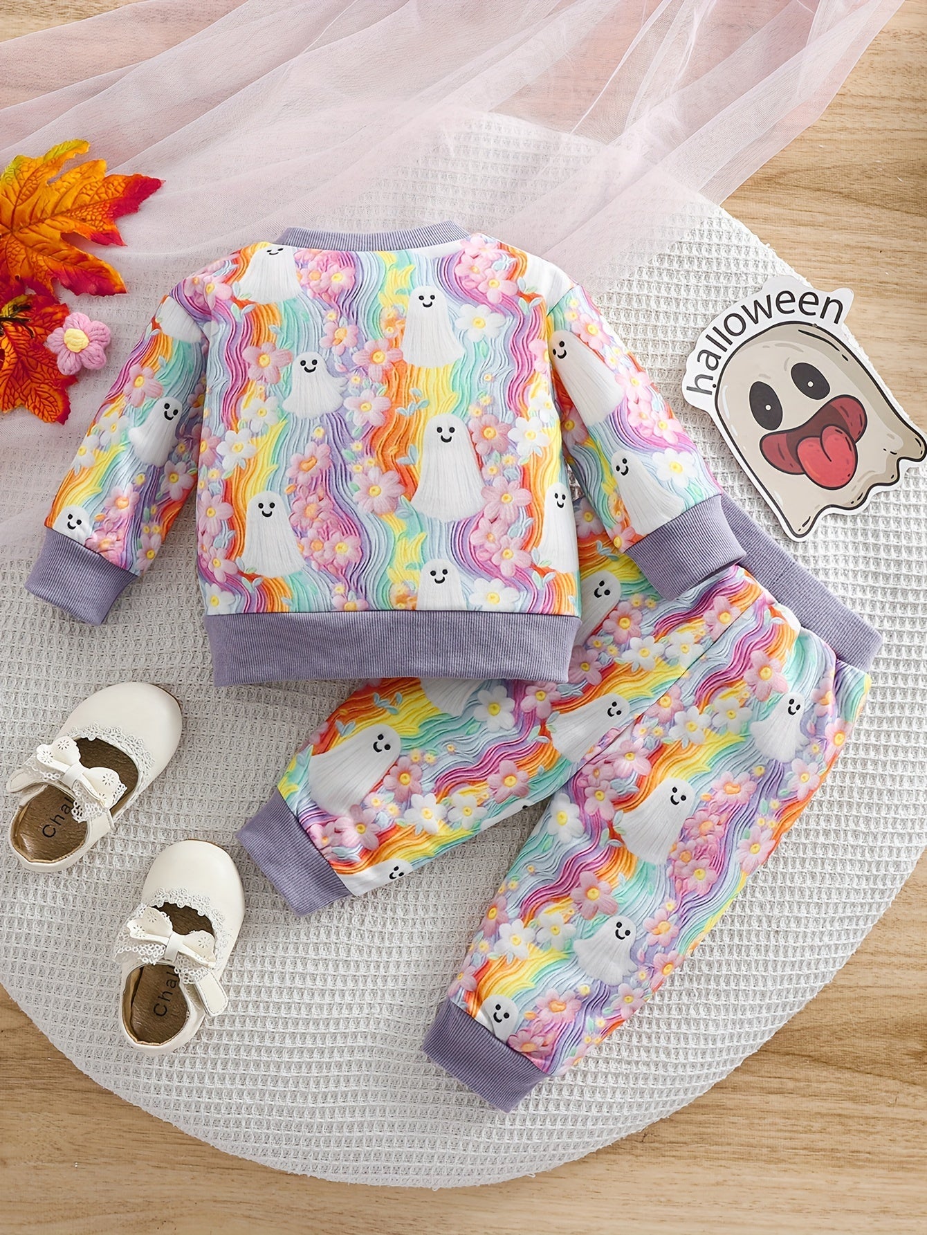 2pcs Baby's Halloween Style Ghost Pattern Rainbow Color Sweatshirt + Casual Pants, Toddler & Infant Girl's Clothing Set Good Vibrations