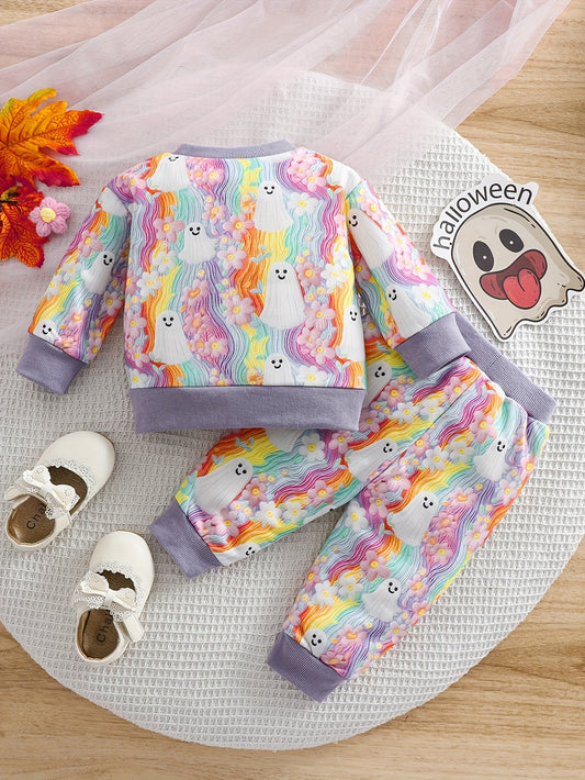 2pcs Baby's Halloween Style Ghost Pattern Rainbow Color Sweatshirt + Casual Pants, Toddler & Infant Girl's Clothing Set Good Vibrations