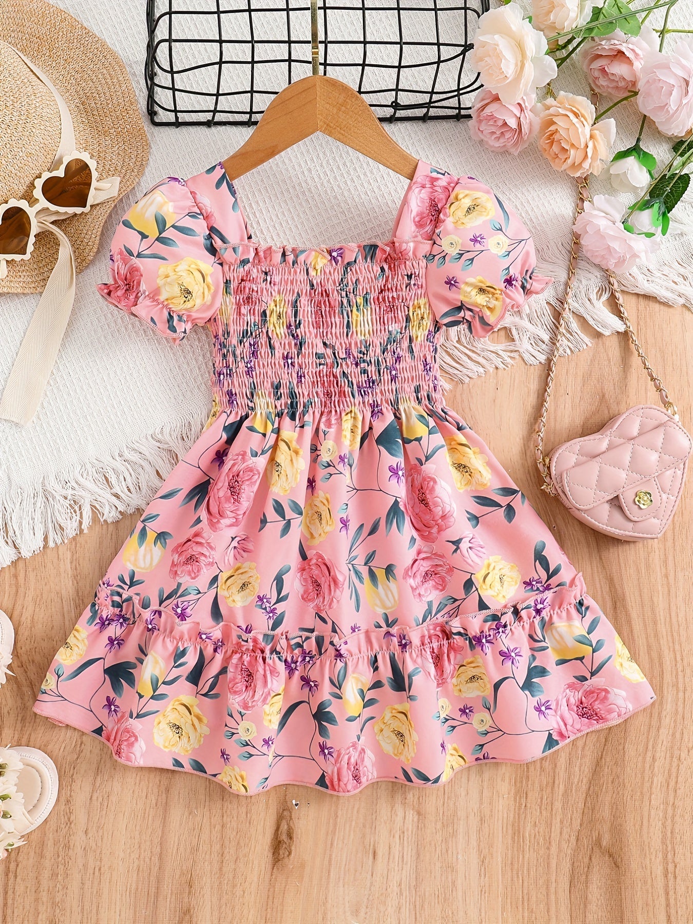 [Floral Party Dress] Floral Puff Sleeve Girls Party Dress | Shirred Ruffled Hem Kids Summer Clothes Good Vibrations
