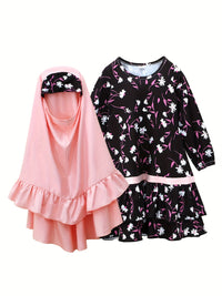 Girls Spring and Autumn Muslim Traditional Ethnic Clothing Set Long Sleeve Floral Dress + Headscarf Two-piece Set Good Vibrations