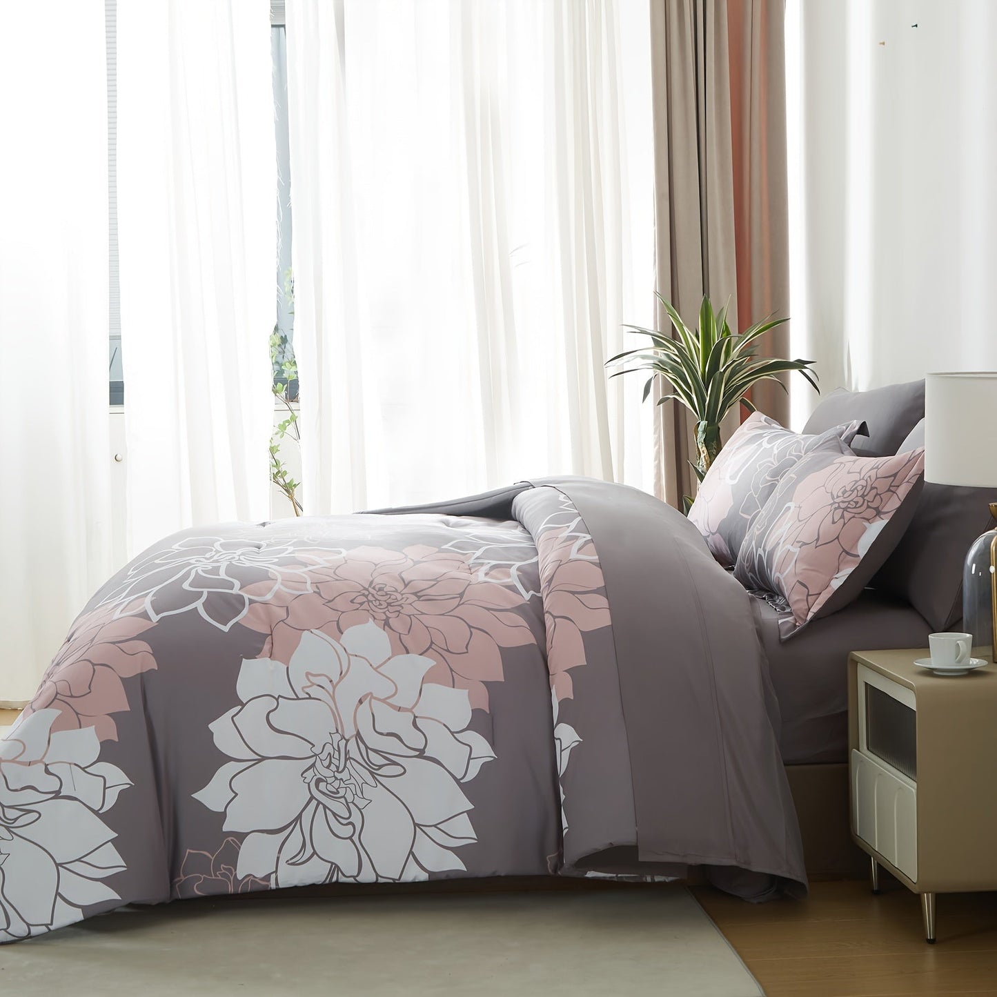 7Pcs Lightweight Boho Comforter Set - Stain-Resistant, Soft 100% Microfiber Cover, 100% Polyester Fiber Filling, Woven For Durability - Full/Queen/King Size Bed In A Bag For All Seasons, Floral Pattern Printed Bedding Good Vibrations