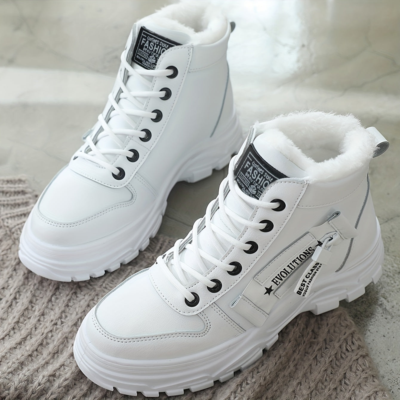 [Warm Fleece-Lined Winter Boots] Warm Fleece-Lined Women's Winter High-Top Boots - Thick Rubber Sole, Lace-Up Casual Style, White & Beige, Perfect for Cold Weather Comfort Good Vibrations