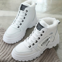 [Warm Fleece-Lined Winter Boots] Warm Fleece-Lined Women's Winter High-Top Boots - Thick Rubber Sole, Lace-Up Casual Style, White & Beige, Perfect for Cold Weather Comfort Good Vibrations
