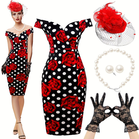 5pcs Women's Retro Polka Dot Floral Spring Dress for Derby Tea Party - Vintage Pencil Costume Classic Good Vibrations