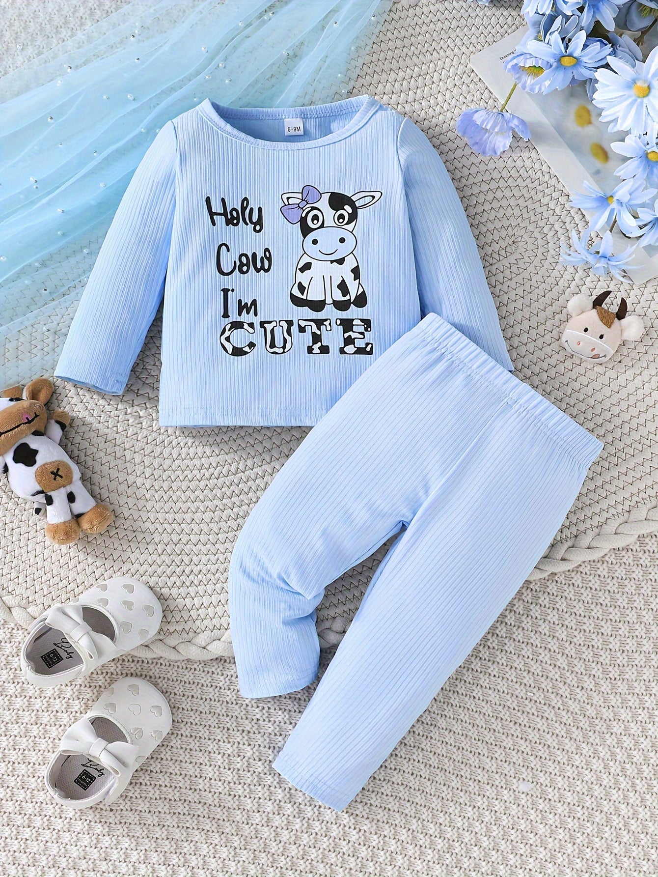 2 Sets Toddler & Infant Girl's Cartoon Cow Pattern Long Sleeve T-shirt + Casual Pants Clothing Set for Outdoor Good Vibrations