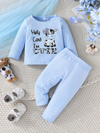 2 Sets Toddler & Infant Girl's Cartoon Cow Pattern Long Sleeve T-shirt + Casual Pants Clothing Set for Outdoor Good Vibrations