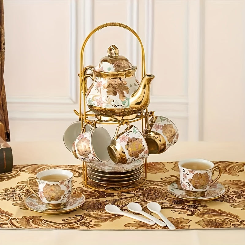 14-Piece European Ceramic Tea Set with Metal Stand, Elegant Floral Design, Holiday Theme for Afternoon Tea & Gift Giving Good Vibrations