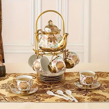 14-Piece European Ceramic Tea Set with Metal Stand, Elegant Floral Design, Holiday Theme for Afternoon Tea & Gift Giving Good Vibrations