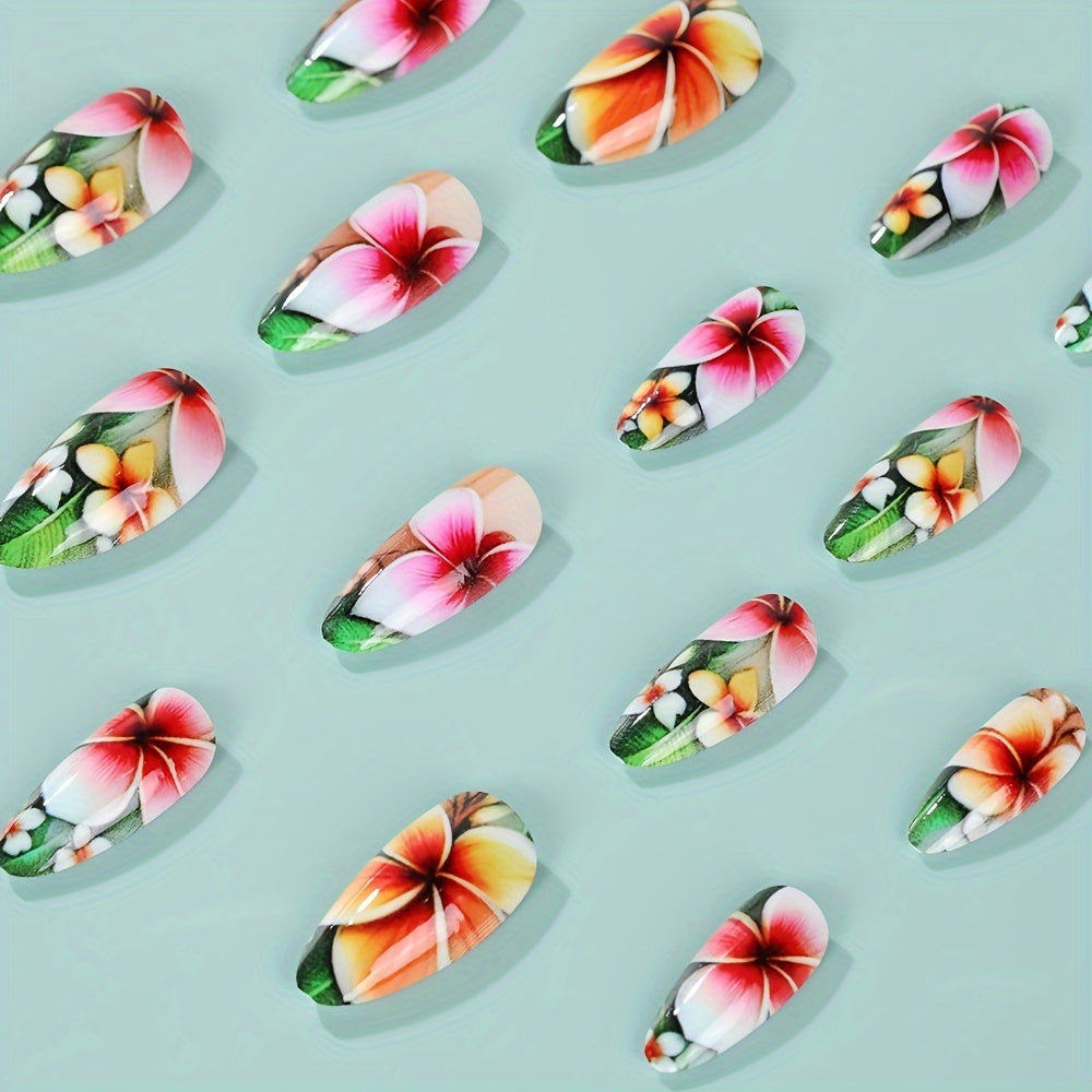 Mixed Color Floral Oval Long Press On Nails with Glossy Finish, French Almond Shape Faux Nail Tips Set, Water Drop Design Adhesive Nail Art Kit YA-28 Good Vibrations