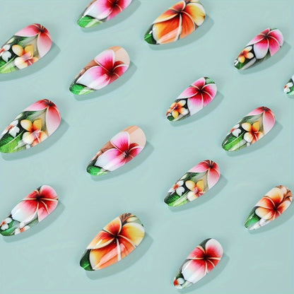 Mixed Color Floral Oval Long Press On Nails with Glossy Finish, French Almond Shape Faux Nail Tips Set, Water Drop Design Adhesive Nail Art Kit YA-28 Good Vibrations