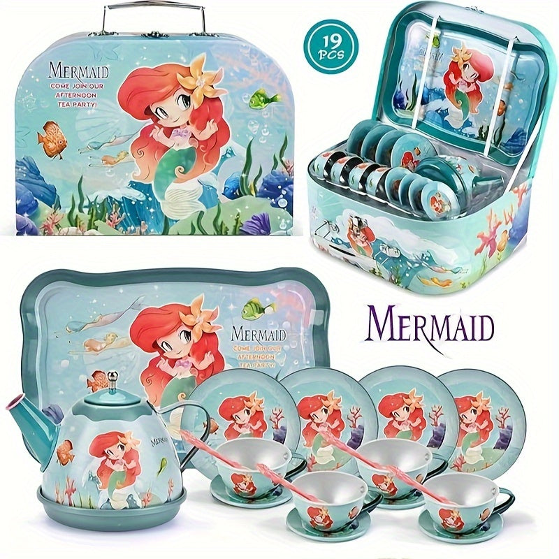 Playful, Enchanting Mermaid Tea Party Set for Girls - 19pcs Tin Tea & Carrying Case, Perfect Princess Kitchen Play Toys for Ages 3-6, Ideal Birthday Gift Good Vibrations