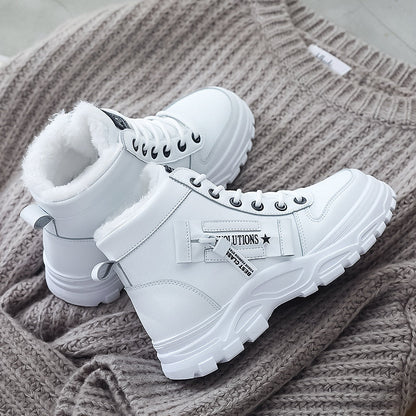 [Warm Fleece-Lined Winter Boots] Warm Fleece-Lined Women's Winter High-Top Boots - Thick Rubber Sole, Lace-Up Casual Style, White & Beige, Perfect for Cold Weather Comfort Good Vibrations