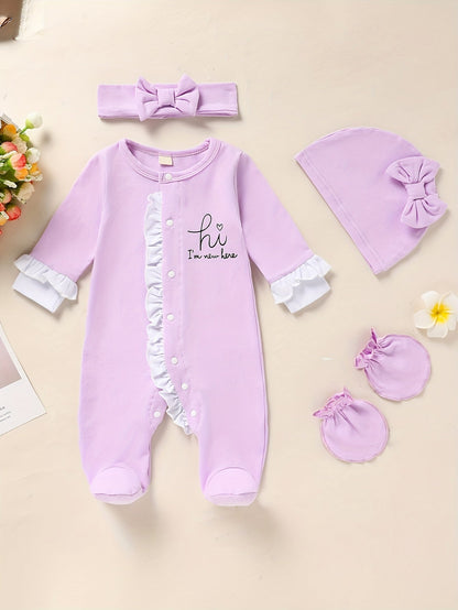 Newborn Baby Girl Clothes, Letter Print Footed Romper Jumpsuit & Headband & Hat & Baby Mittens, Cute Infant Clothing Set Good Vibrations