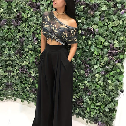 Loose Straight Flare Pants, Casual Pocket High Waist Solid Wide Leg Fashion Comfy Pants, Women's Clothing Good Vibrations