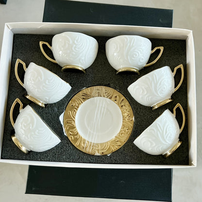 Luxurious Relief Floral Tea Set with Golden Trim: Includes 6 Cups, 6 Saucers, And 1 Large Tray - Perfect for Thanksgiving, Eid Al-Fitr, And More! Good Vibrations