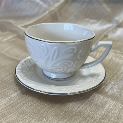 Luxury Floral Embossed Golden-Trimmed Tea Set - 6 Ceramic Cups & Saucers, Microwave Safe, Perfect for Afternoon Tea, Desserts & Gifts Good Vibrations