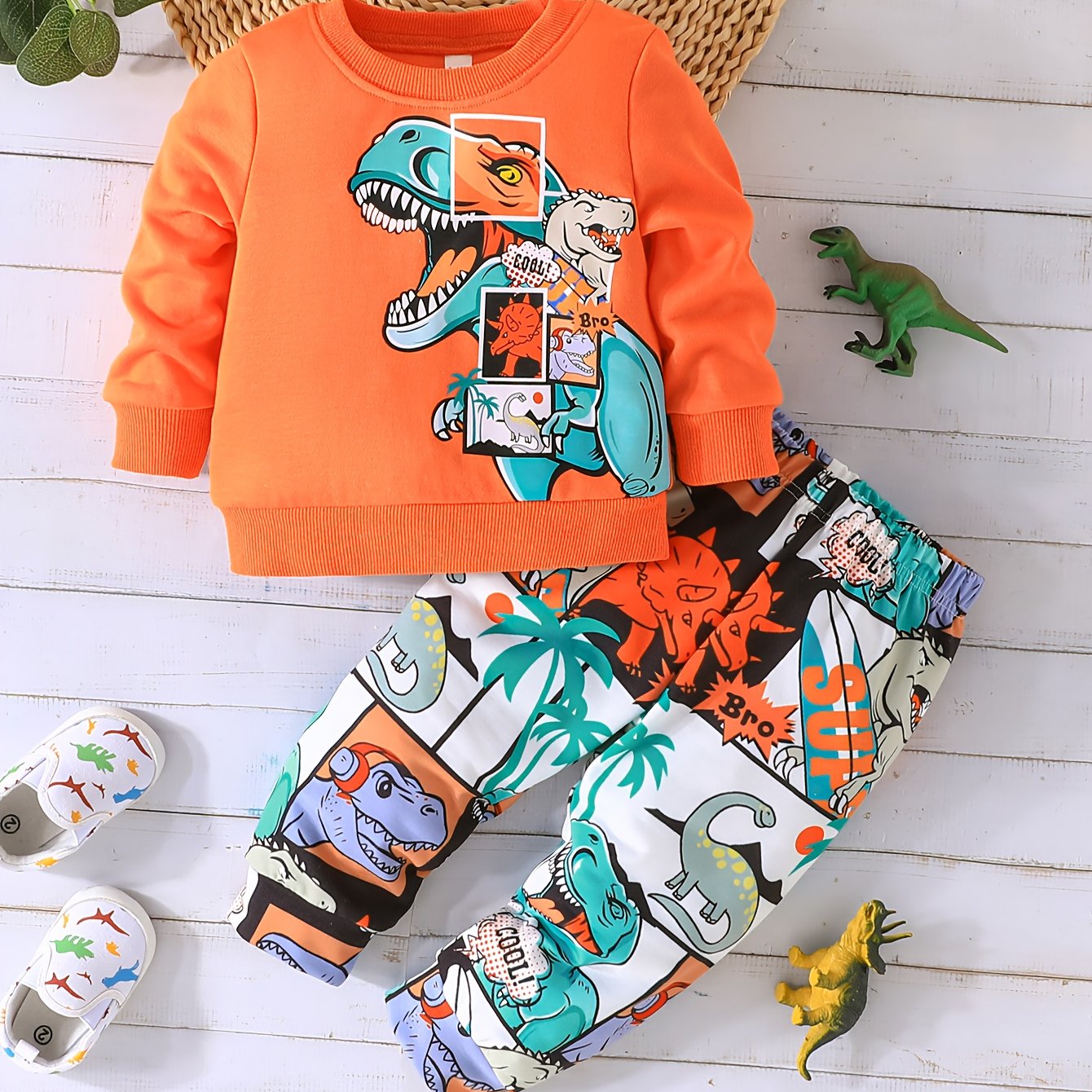 2pcs Baby's Cartoon Dinosaur Comics Print Sweatshirt & Casual Pants, Toddler & Infant Boy's Clothing Set, Outdoor Cloth Good Vibrations