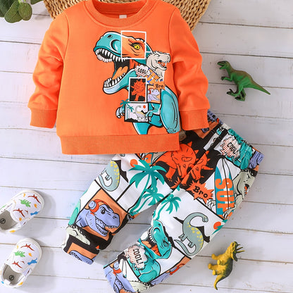 2pcs Baby's Cartoon Dinosaur Comics Print Sweatshirt & Casual Pants, Toddler & Infant Boy's Clothing Set, Outdoor Cloth Good Vibrations