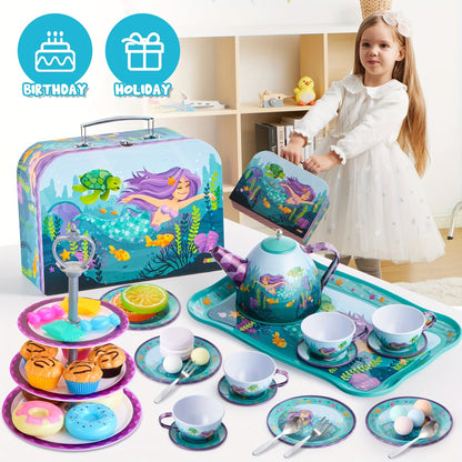 35pcs Mermaid Tea Party Set for Kids, Dress Up & Pretend Play, Pretend Tin Teapot Set, Princess Tea Time Play Kitchen Toy with Dessert, Doughnut, Carrying Case Birthday Easter Gifts for Toddlers Good Vibrations