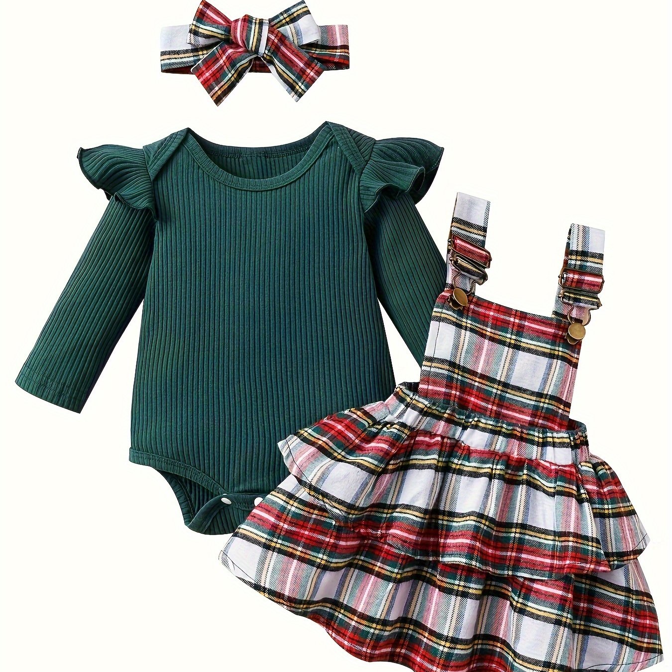 Baby Autumn and Winter Clothing Set Baby Girls 0-18 Months Romper and Plaid Strap Skirt and Headband Good Vibrations