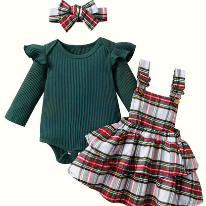Baby Autumn and Winter Clothing Set Baby Girls 0-18 Months Romper and Plaid Strap Skirt and Headband Good Vibrations