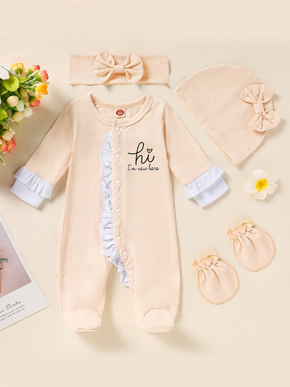Newborn Baby Girl Clothes, Letter Print Footed Romper Jumpsuit & Headband & Hat & Baby Mittens, Cute Infant Clothing Set Good Vibrations