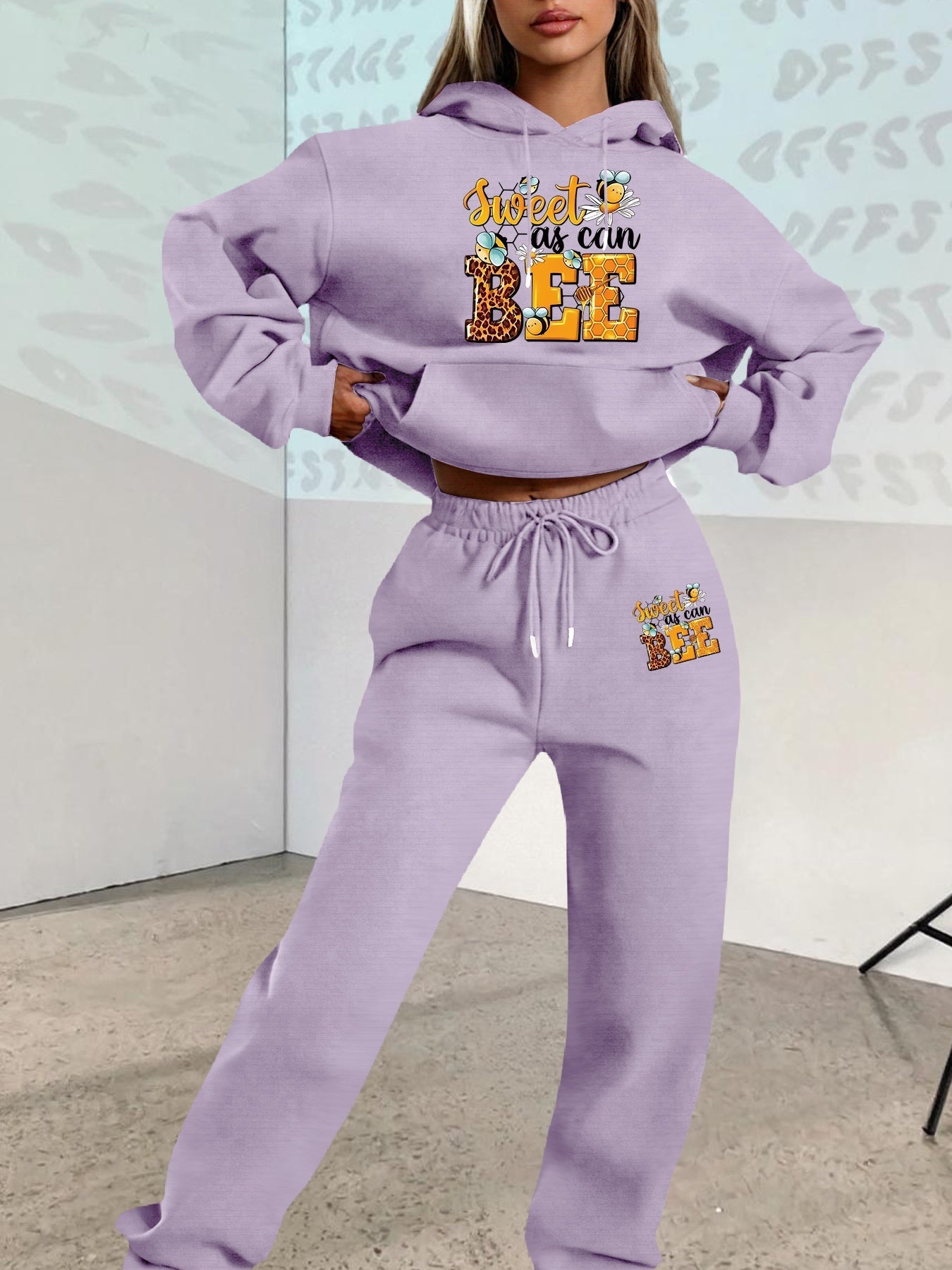 2025 Autumn Winter New Arrival, Sweet Cool Long Neck Deer Pattern Suit, Casual Letter Print Loose Warm Long Sleeve Hooded Sweatshirt with Elastic Drawstring Waist Pants Two-Piece Set, Women Two-piece Set Large Size Striped Ch Good Vibrations