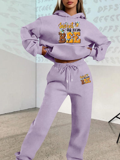 2025 Autumn Winter New Arrival, Sweet Cool Long Neck Deer Pattern Suit, Casual Letter Print Loose Warm Long Sleeve Hooded Sweatshirt with Elastic Drawstring Waist Pants Two-Piece Set, Women Two-piece Set Large Size Striped Ch