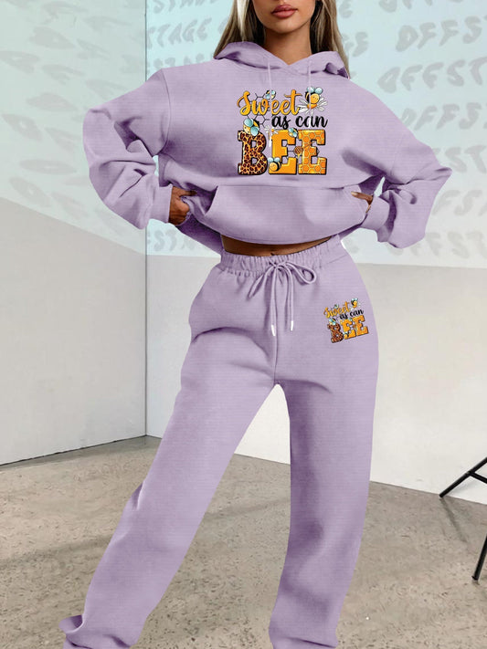 2025 Autumn Winter New Arrival, Sweet Cool Long Neck Deer Pattern Suit, Casual Letter Print Loose Warm Long Sleeve Hooded Sweatshirt with Elastic Drawstring Waist Pants Two-Piece Set, Women Two-piece Set Large Size Striped Ch Good Vibrations