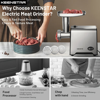 KEENSTAR Electric Meat Grinder, Sausage Stuffer Maker 450W(3000W Max) Food Grinder With Blade & 3 Plates, Sausage Stuffer Tubes & Kubbe Kit, Stainless Steel Heavy Duty Meat Mincer Machine For Home Kitchen Use Good Vibrations