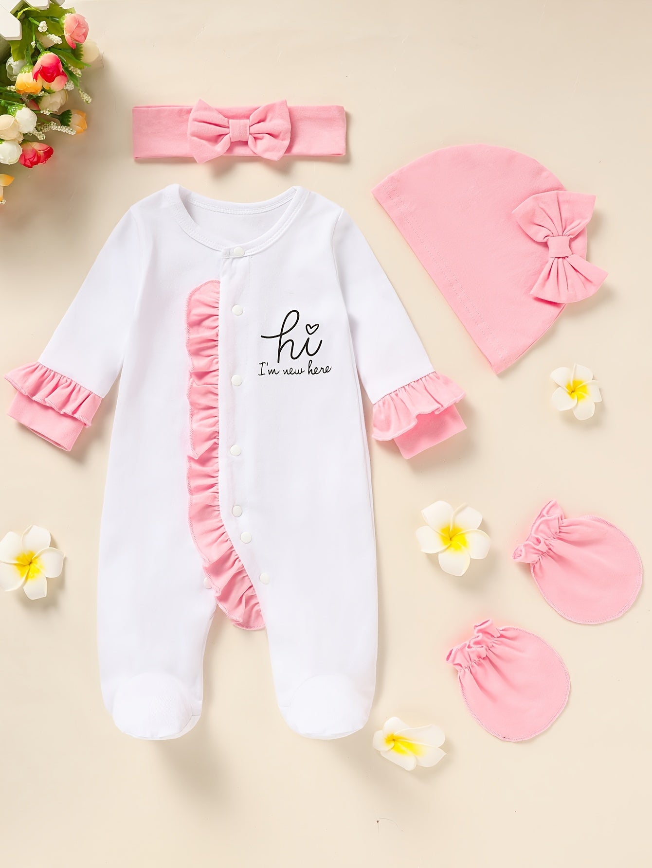 Newborn Baby Girl Clothes, Letter Print Footed Romper Jumpsuit & Headband & Hat & Baby Mittens, Cute Infant Clothing Set Good Vibrations