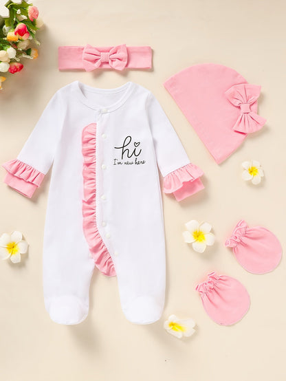 Newborn Baby Girl Clothes, Letter Print Footed Romper Jumpsuit & Headband & Hat & Baby Mittens, Cute Infant Clothing Set Good Vibrations