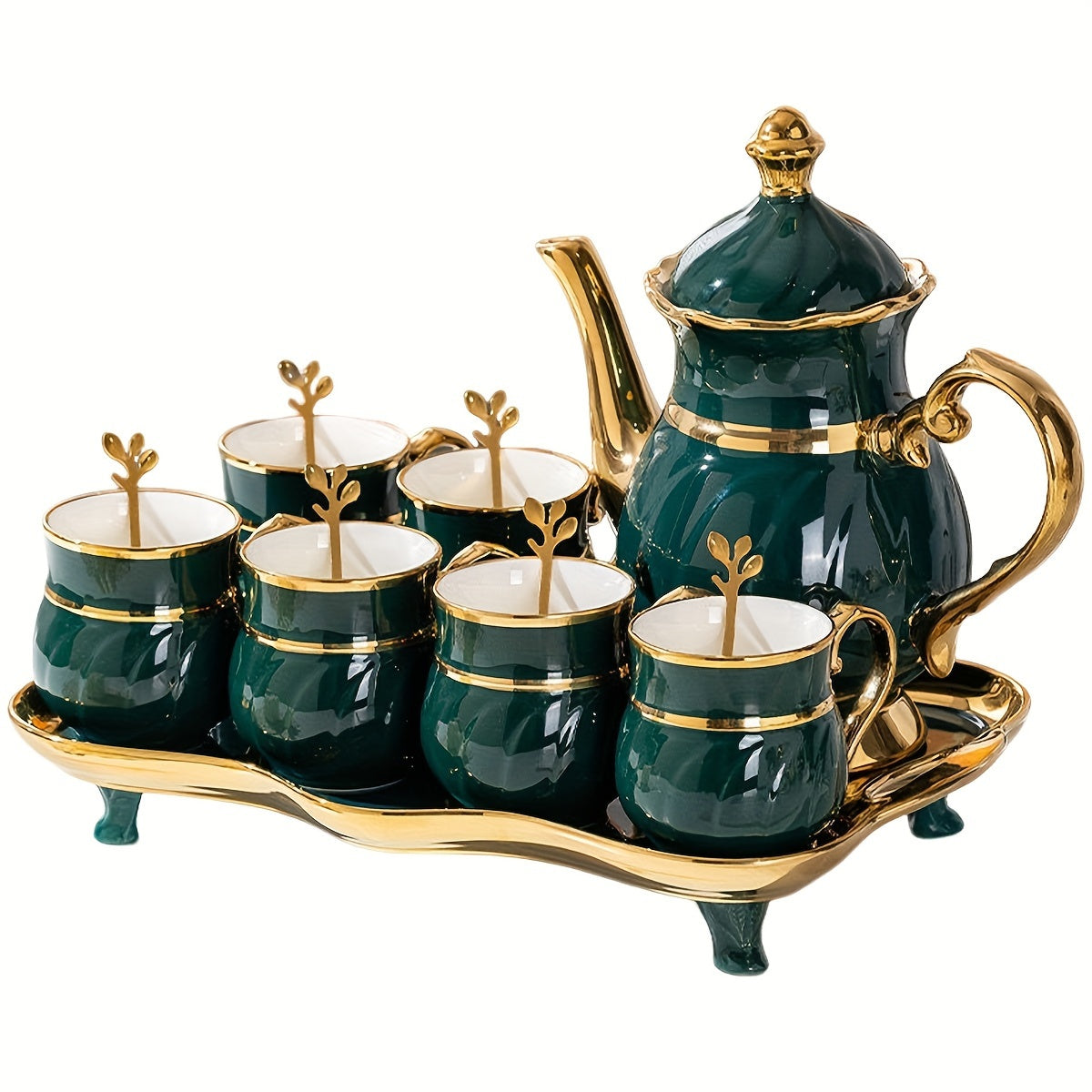 14-Pieces Luxurious Porcelain Teapot Set - Includes Ceramic Coffee Cups, Teacups, Golden Spoon, Tea Party Tray Holder, and Gift Sets for Elegant Entertaining Good Vibrations