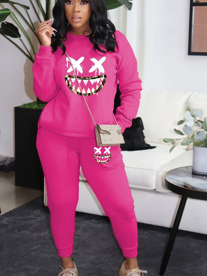 two-piece Women's Cartoon Print Sweatshirt and Pocket Pants Outfit - Comfortable and Stylish Clothing Set Good Vibrations