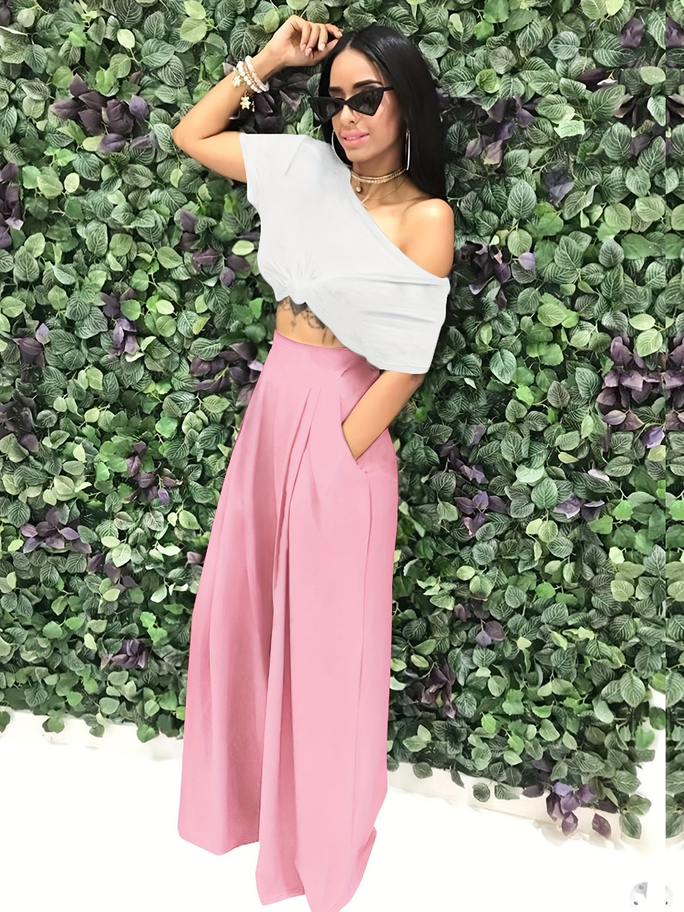 Loose Straight Flare Pants, Casual Pocket High Waist Solid Wide Leg Fashion Comfy Pants, Women's Clothing Good Vibrations