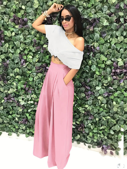 Loose Straight Flare Pants, Casual Pocket High Waist Solid Wide Leg Fashion Comfy Pants, Women's Clothing Good Vibrations