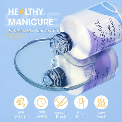 Gellen Gel Nail Glue 3 in 1 Gel Tips Nail Glue for Acrylic Nail Extension Super Strong Adhesive Bond Long Lasting Brush on Nail Glue Gel for Nail Tips Base Coat Slip Solution Curing Needed Good Vibrations