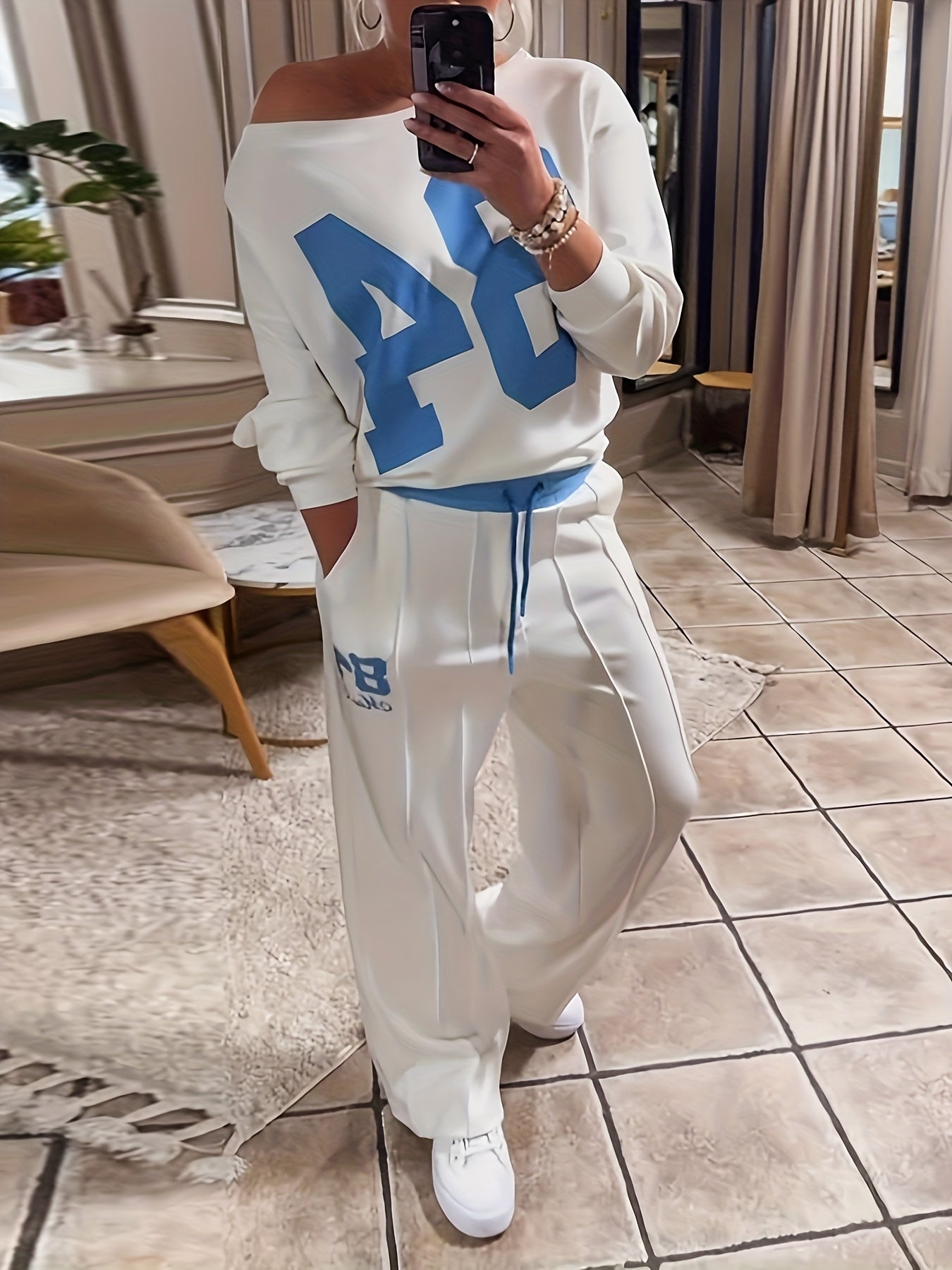 Autumn Women'S Casual Style Letter Print Long Sleeve Pullover Sweatshirt Paired with Casual Drawstring Wide-Leg Pants Set, Casual Set For Women, Women Pant Set Outfit, Set Women Outfit Fall, Set Women Outfit Casual, Co Ord Se Good Vibrations