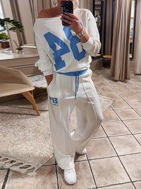 Autumn Women'S Casual Style Letter Print Long Sleeve Pullover Sweatshirt Paired with Casual Drawstring Wide-Leg Pants Set, Casual Set For Women, Women Pant Set Outfit, Set Women Outfit Fall, Set Women Outfit Casual, Co Ord Se Good Vibrations