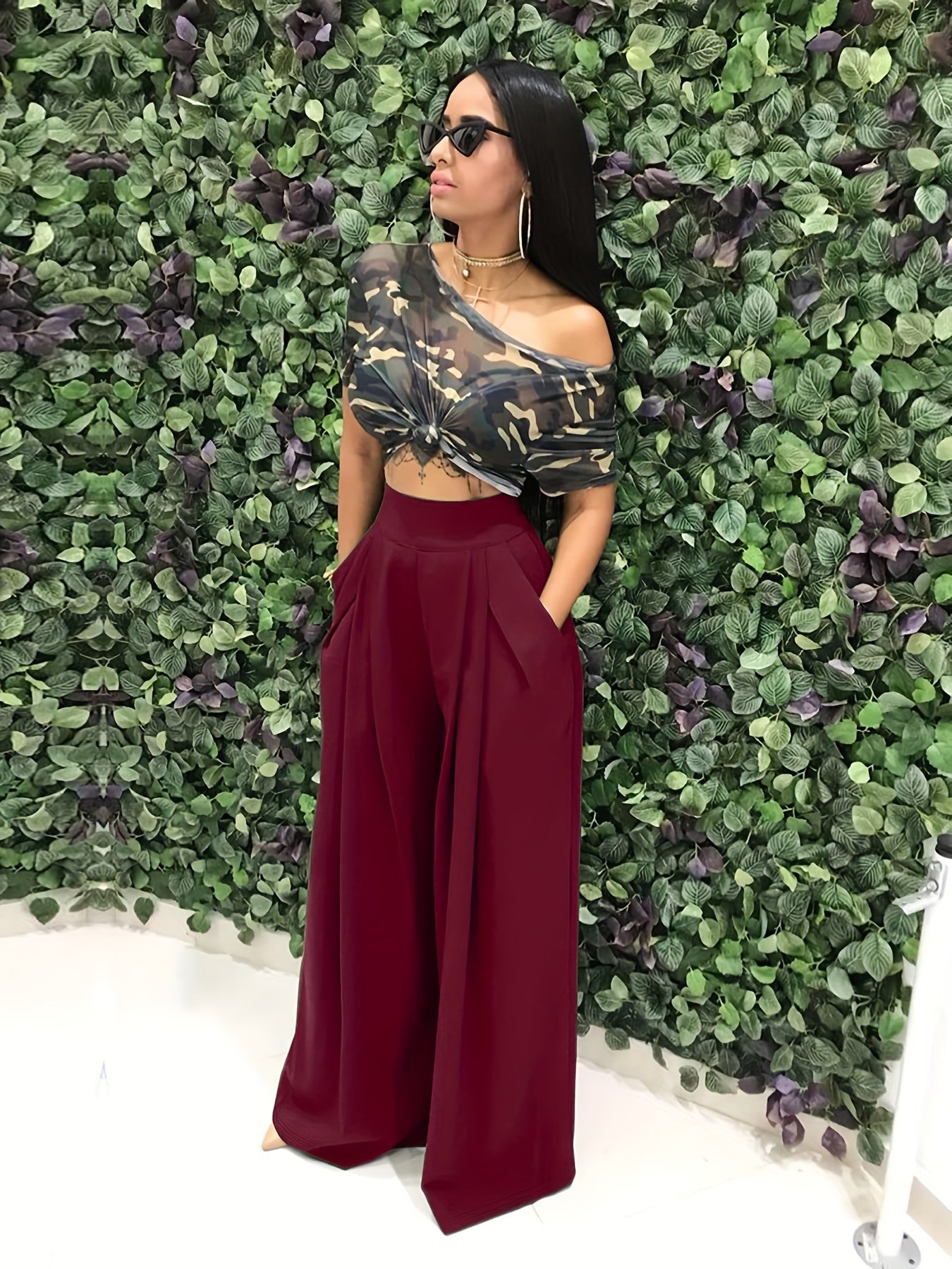 Loose Straight Flare Pants, Casual Pocket High Waist Solid Wide Leg Fashion Comfy Pants, Women's Clothing Good Vibrations