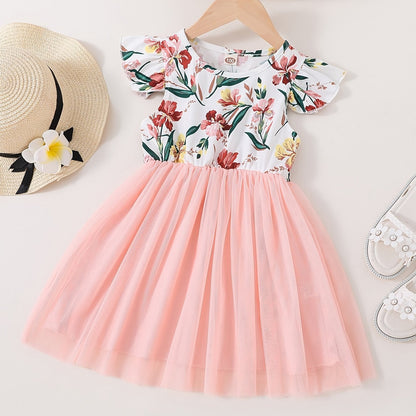 Girls' Floral dress - Floral print party & Everyday summer dress, Pastel pink Floral skirts, Machine Washable Girls' Clothing for Birthdays, Garden Parties, Family Outings - HWMFSNHFZ, Round Neckline Top, Nontransparent Fabri Good Vibrations