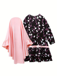 Girls Spring and Autumn Muslim Traditional Ethnic Clothing Set Long Sleeve Floral Dress + Headscarf Two-piece Set Good Vibrations