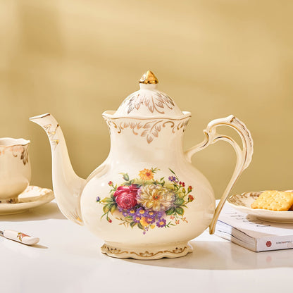 1pc Exquisite Floral Ceramic Coffee Pot - Retro Palace Style Blooming Tea Infuser, European-Inspired Afternoon Tea Set, Round Shaped, Flowers Patterned, Perfect for Home, Office, Hotel, Christmas, Thanksgiving, Valentines Day Good Vibrations